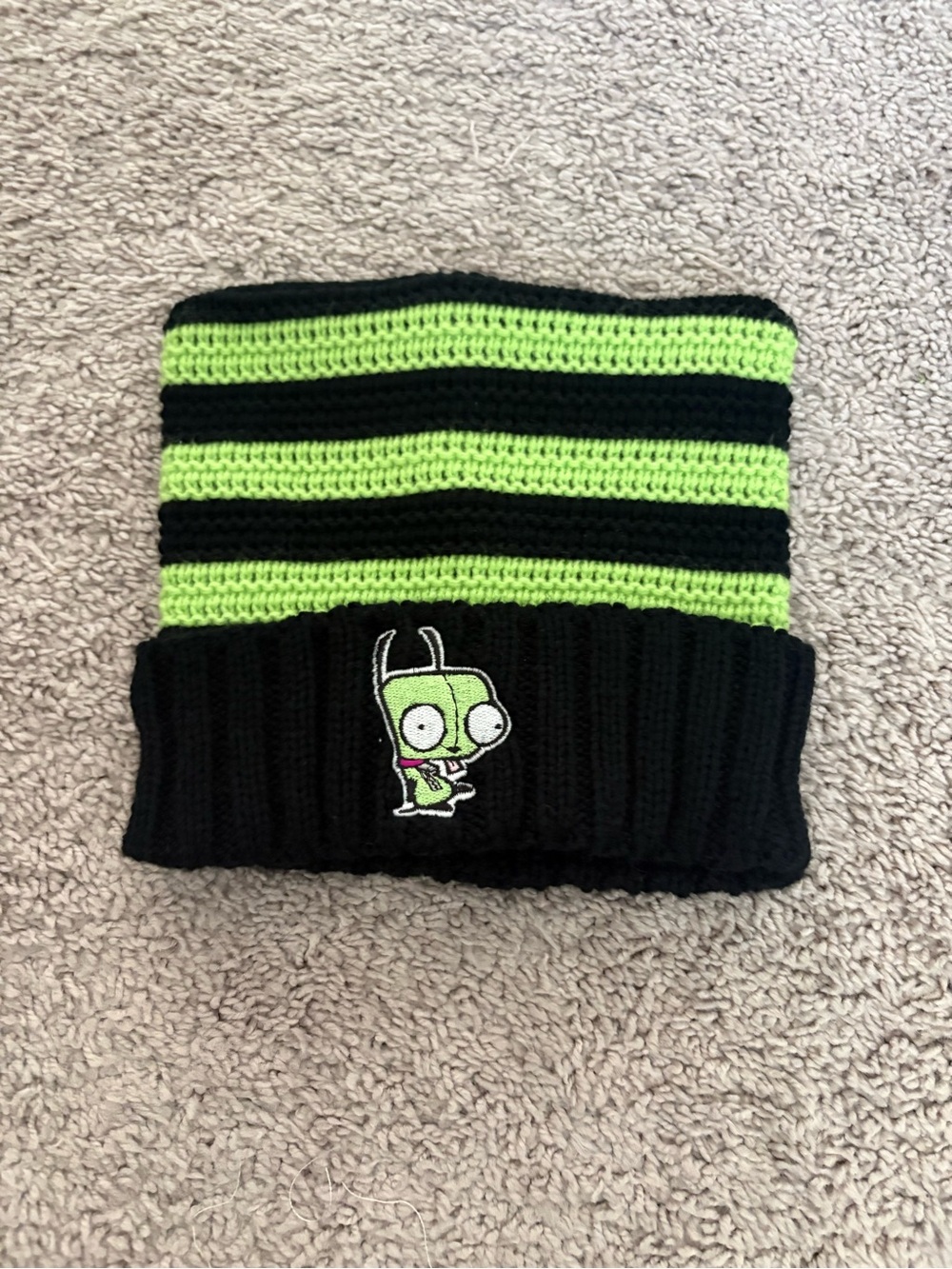 Kids Black & Lime Green Striped Beanie Hat with Cartoon Patch